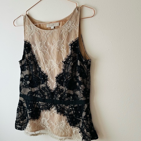 Ann Taylor LOFT Blouse Nude Eyelash Lace Ribbon Tie Peplum Tank Top - Picture 7 of 9